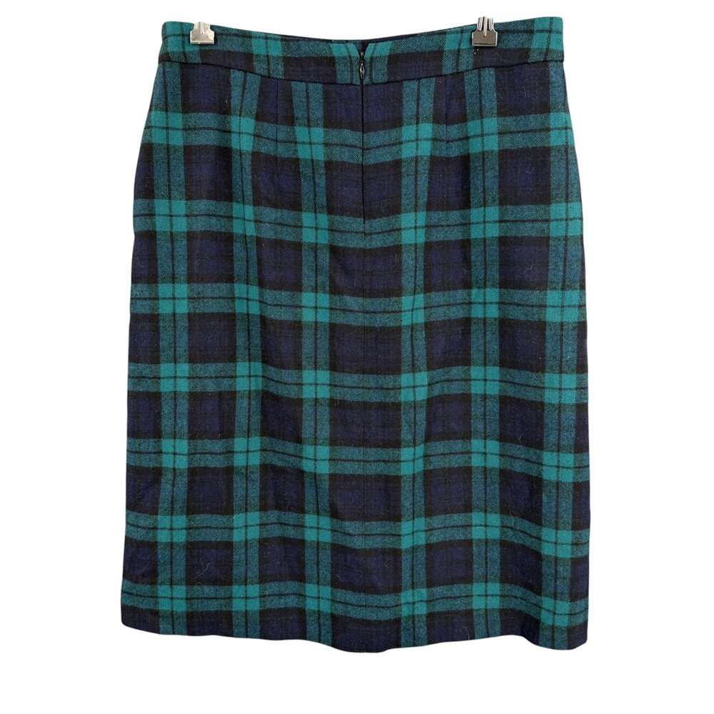 Lands End Wool Skirt Plaid Green Blue Lined Pockets Size 4 Preppy Classic